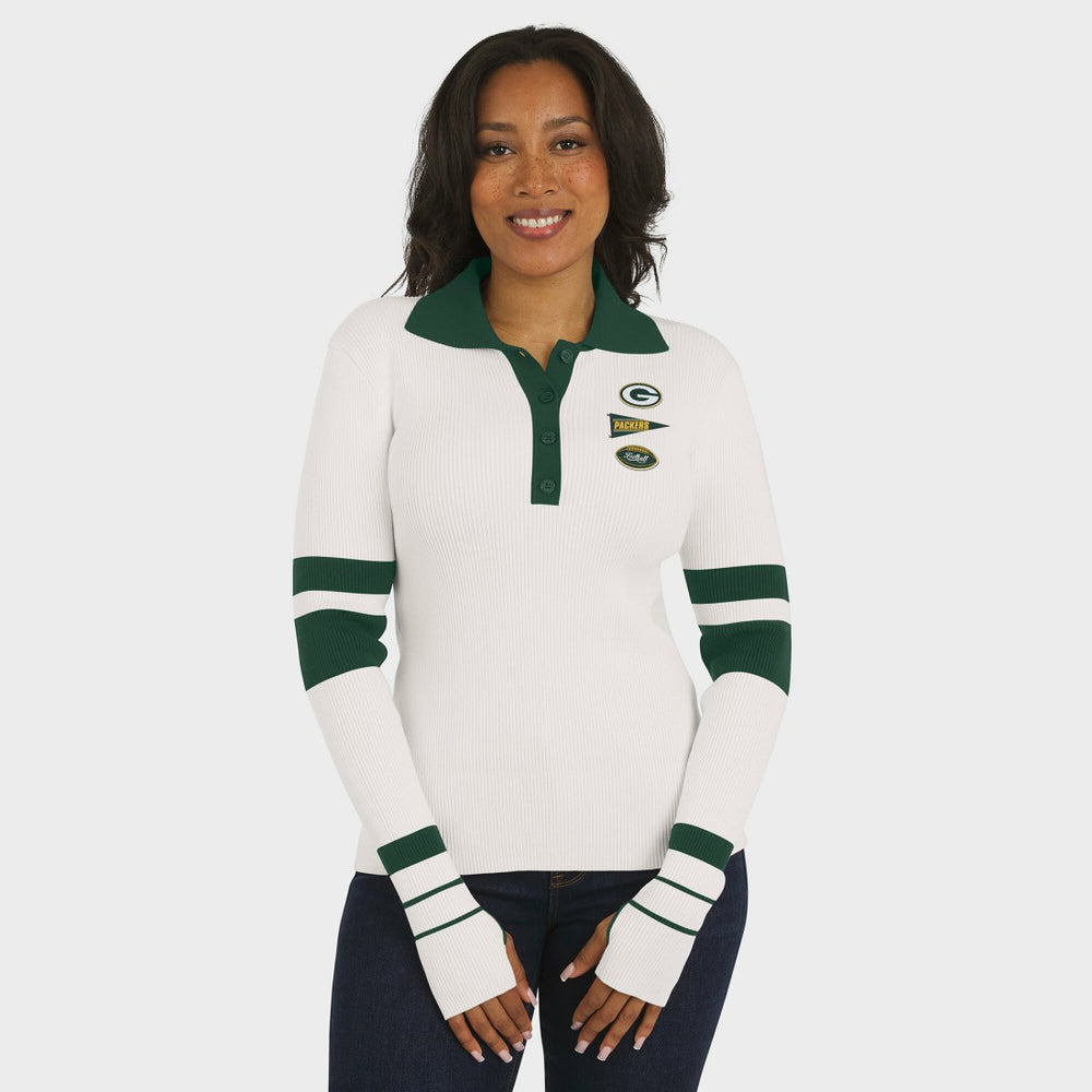 Green Bay Packers WEAR by Erin Andrews Women's Ribbed Henley Polo Sweater - White