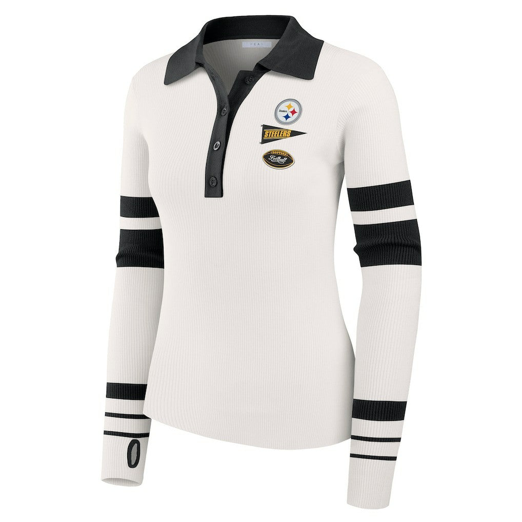 Pittsburgh Steelers WEAR by Erin Andrews Women's Ribbed Henley Polo Sweater - White