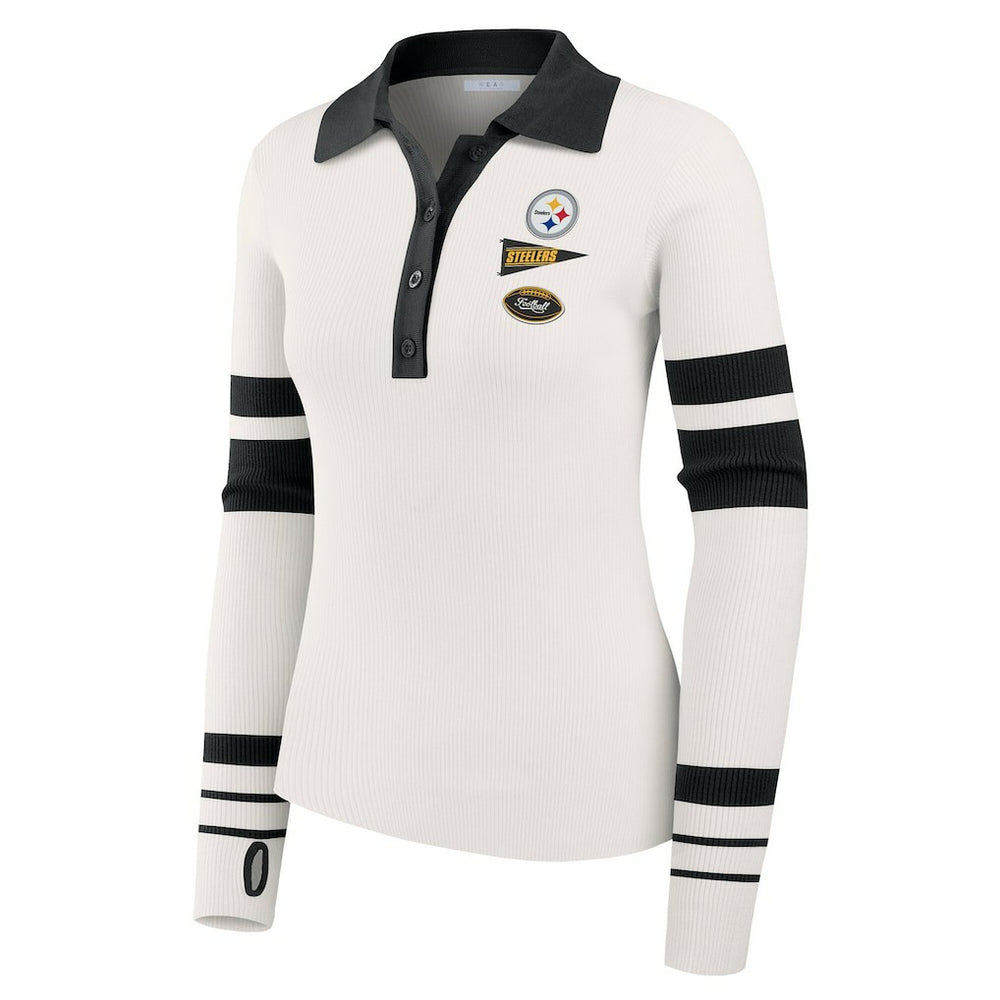 Pittsburgh Steelers WEAR by Erin Andrews Women's Ribbed Henley Polo Sweater - White