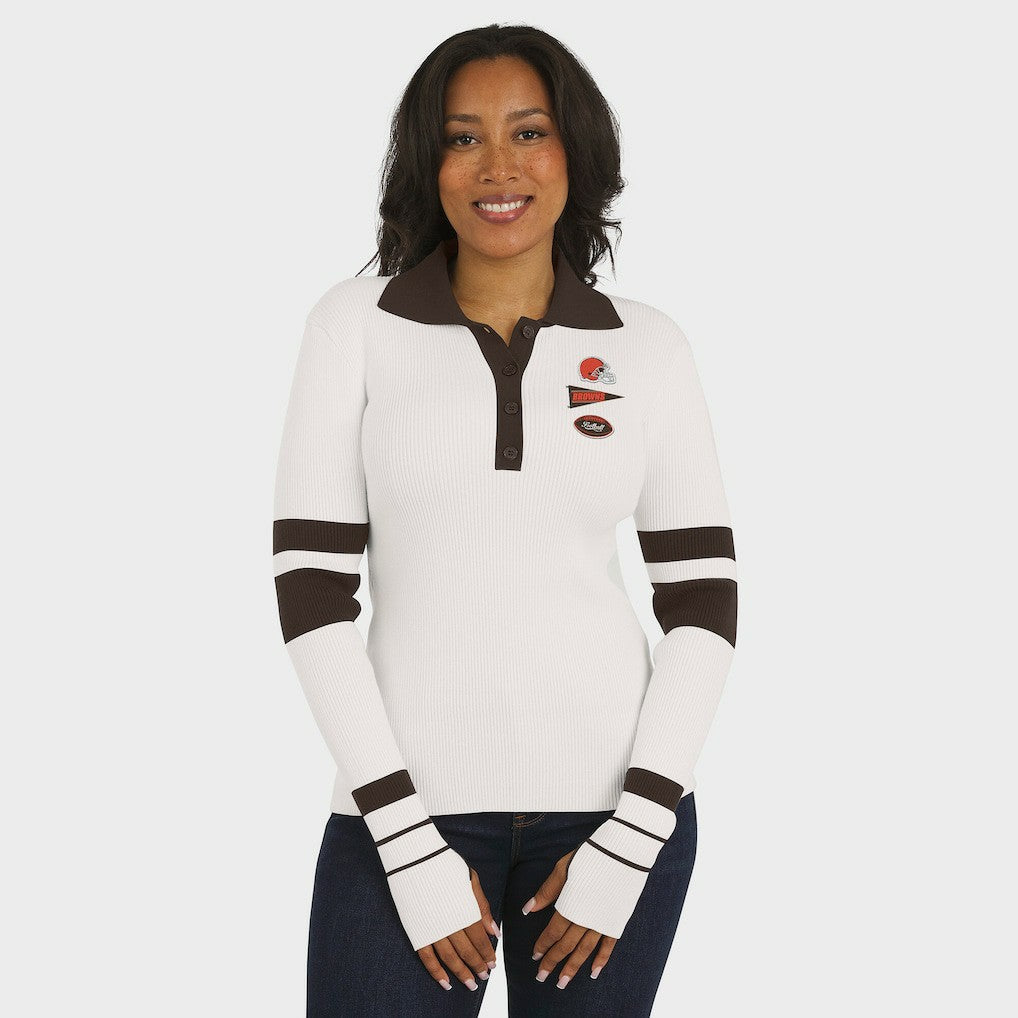 Cleveland Browns WEAR by Erin Andrews Women's Ribbed Henley Polo Sweater - White