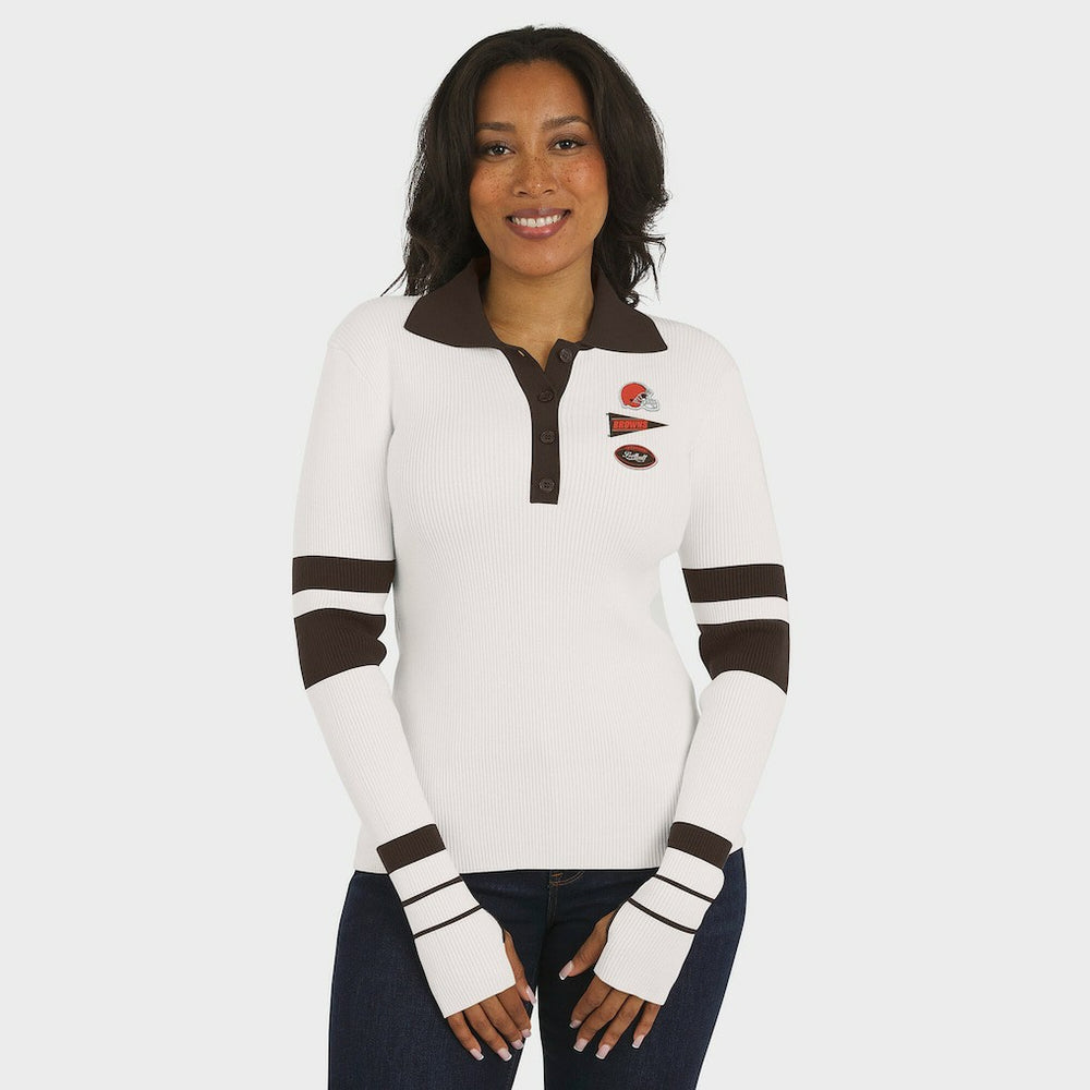 Cleveland Browns WEAR by Erin Andrews Women's Ribbed Henley Polo Sweater - White