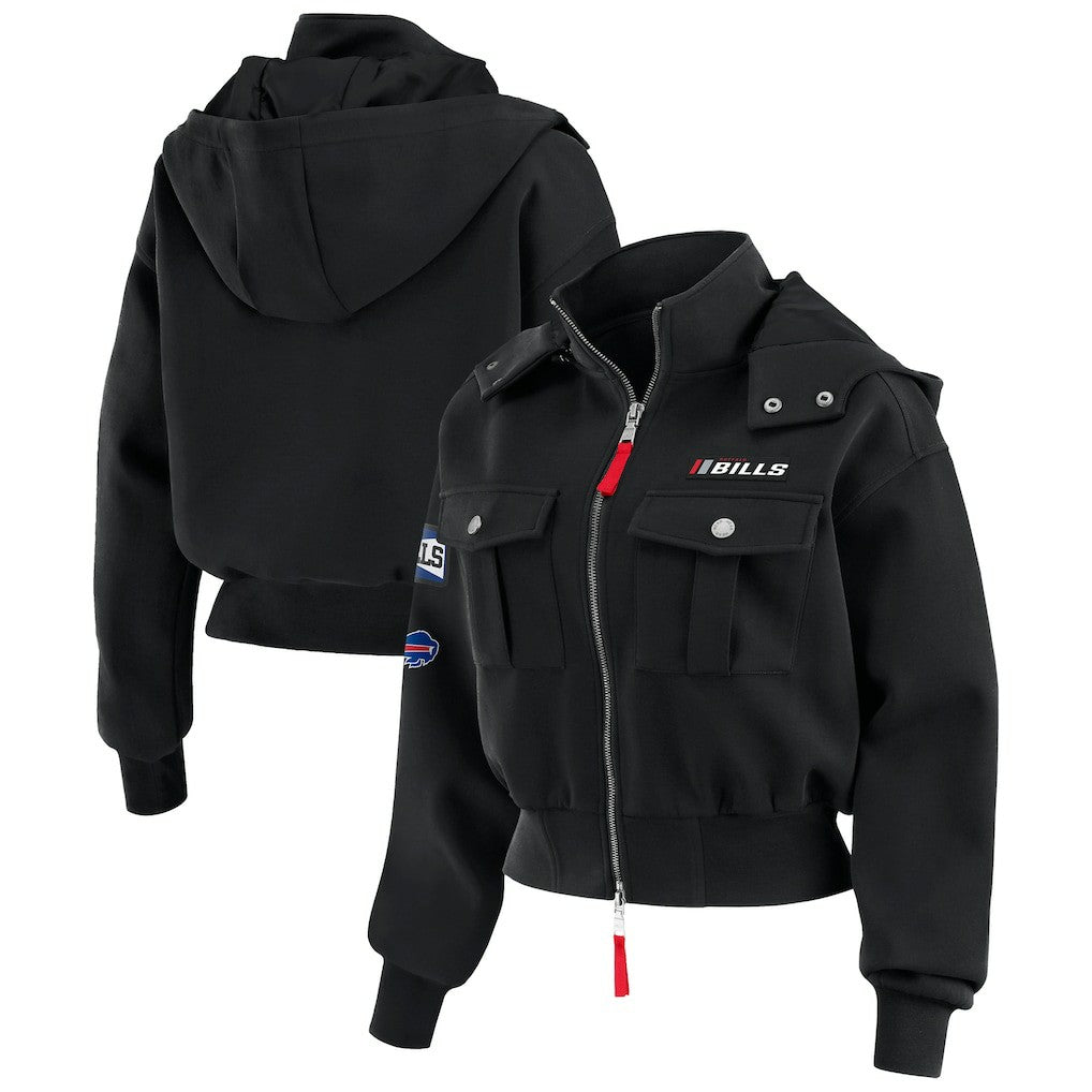 Buffalo Bills WEAR by Erin Andrews Women's Tri-Blend Patch Pocket Cropped Full-Zip Bomber Hoodie Jacket - Black Hoodies