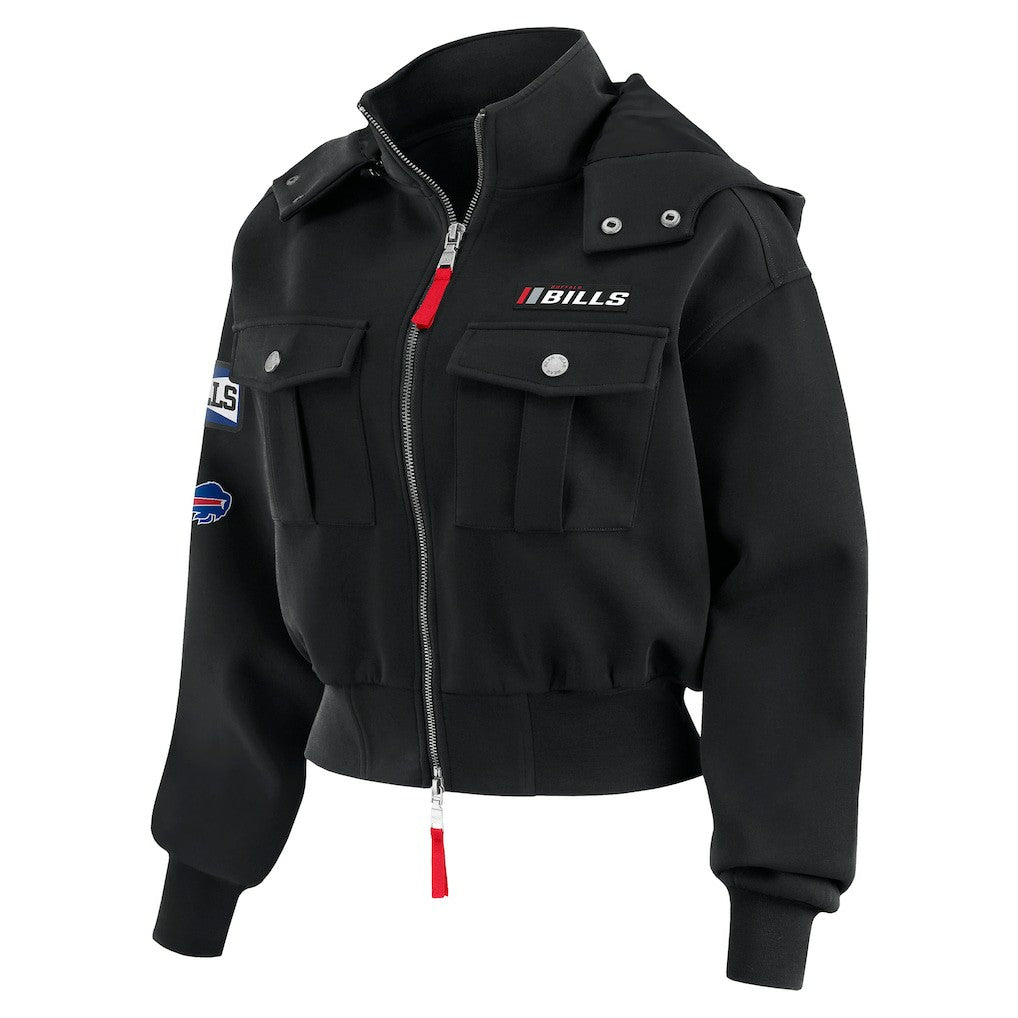 Buffalo Bills WEAR by Erin Andrews Women's Tri-Blend Patch Pocket Cropped Full-Zip Bomber Hoodie Jacket - Black Hoodies
