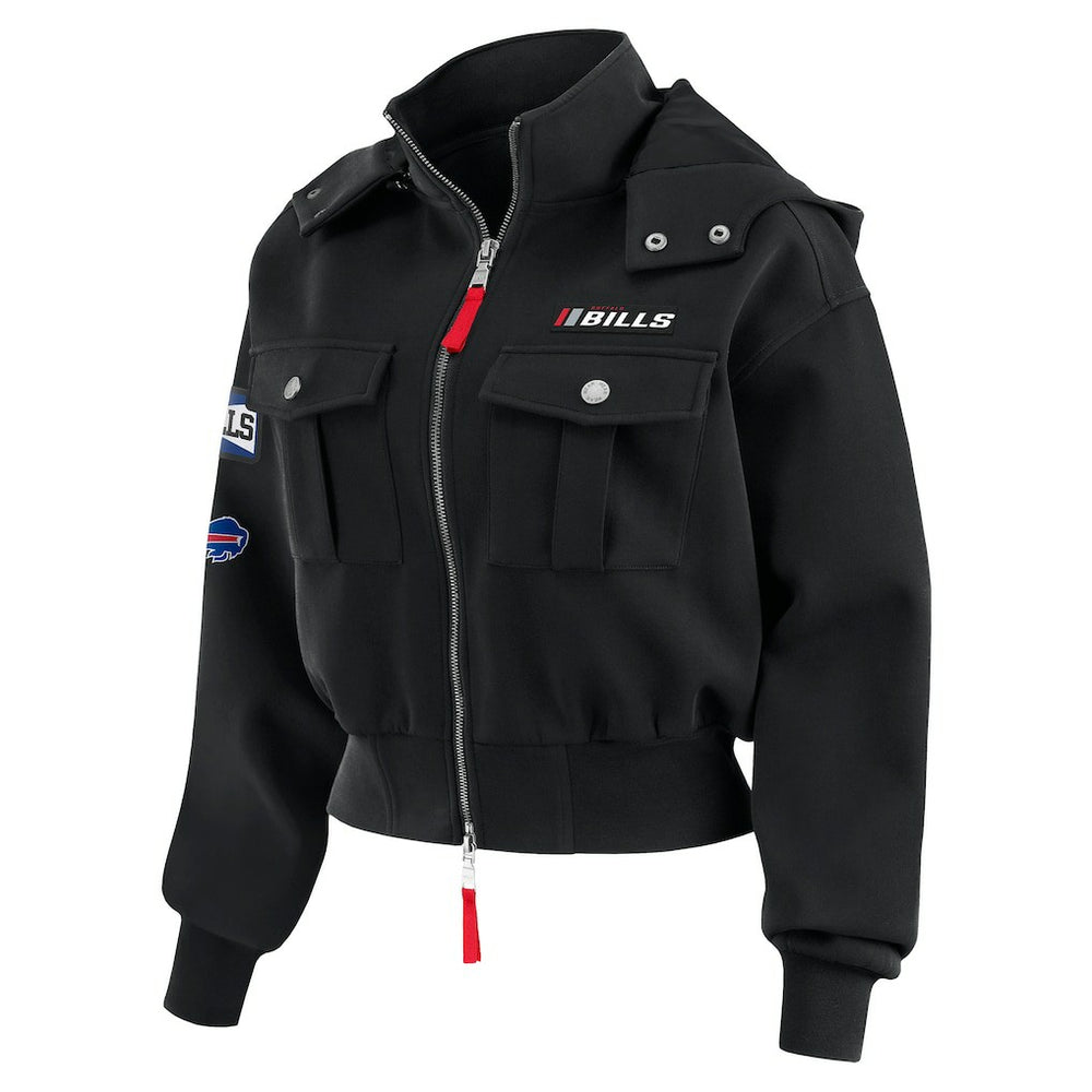 Buffalo Bills WEAR by Erin Andrews Women's Tri-Blend Patch Pocket Cropped Full-Zip Bomber Hoodie Jacket - Black Hoodies
