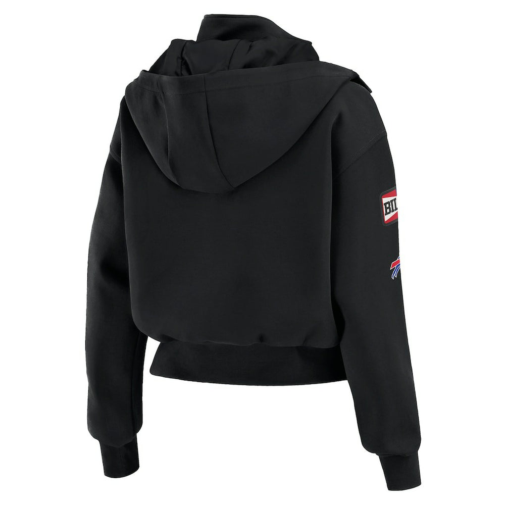 Buffalo Bills WEAR by Erin Andrews Women's Tri-Blend Patch Pocket Cropped Full-Zip Bomber Hoodie Jacket - Black Hoodies