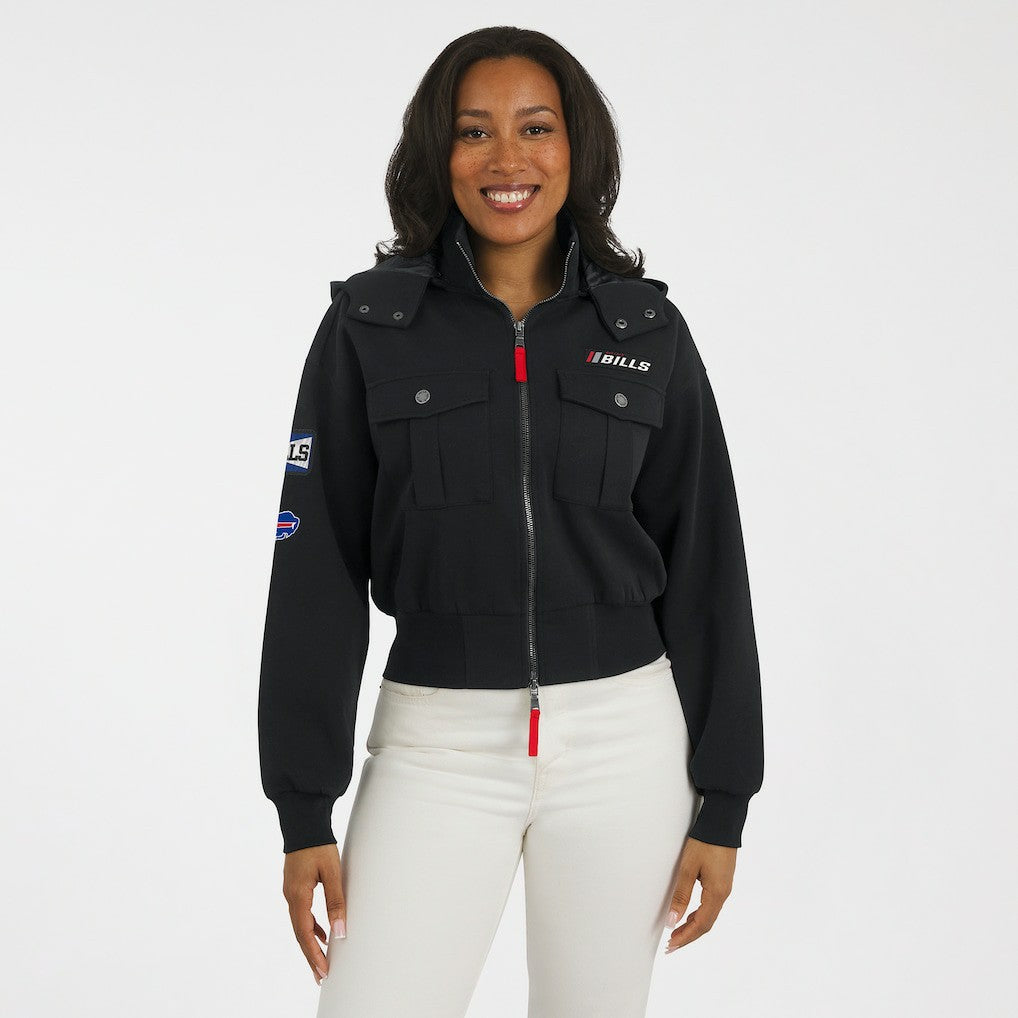Buffalo Bills WEAR by Erin Andrews Women's Tri-Blend Patch Pocket Cropped Full-Zip Bomber Hoodie Jacket - Black Hoodies