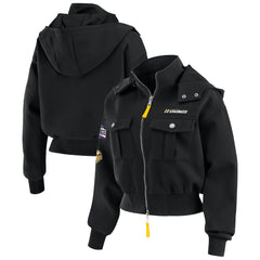 Minnesota Vikings WEAR by Erin Andrews Women's Tri-Blend Patch Pocket Cropped Full-Zip Bomber Hoodie Jacket - Black Hoodies
