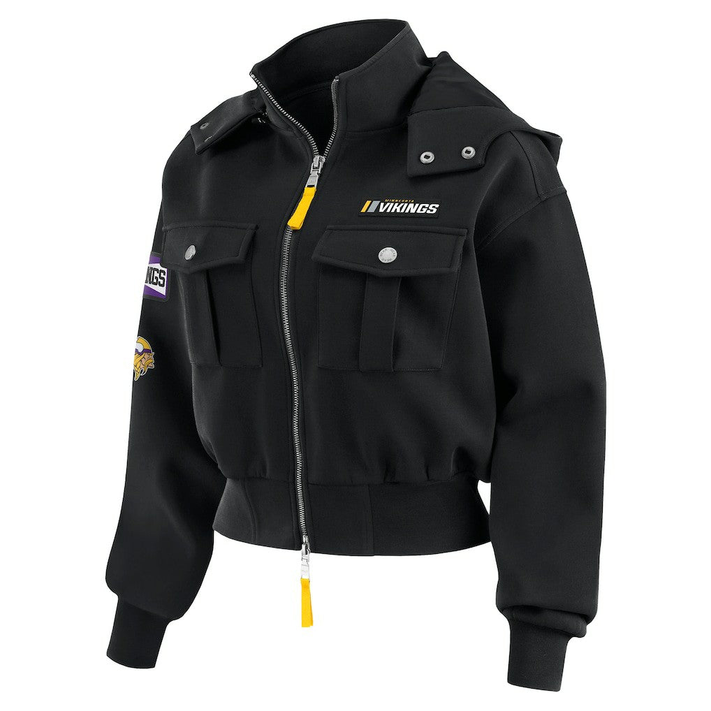 Minnesota Vikings WEAR by Erin Andrews Women's Tri-Blend Patch Pocket Cropped Full-Zip Bomber Hoodie Jacket - Black Hoodies