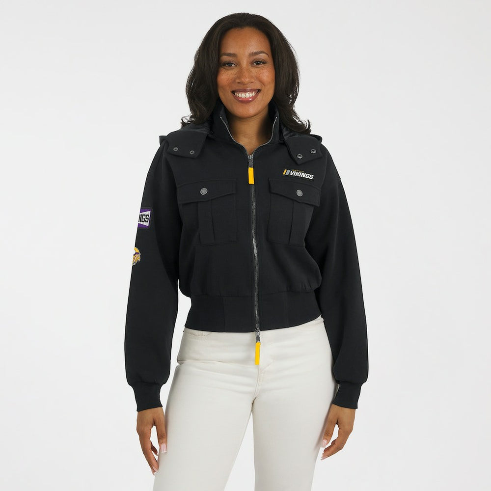 Minnesota Vikings WEAR by Erin Andrews Women's Tri-Blend Patch Pocket Cropped Full-Zip Bomber Hoodie Jacket - Black Hoodies