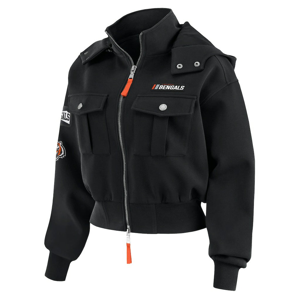 Cincinnati Bengals WEAR by Erin Andrews Women's Tri-Blend Patch Pocket Cropped Full-Zip Bomber Hoodie Jacket - Black Hoodies