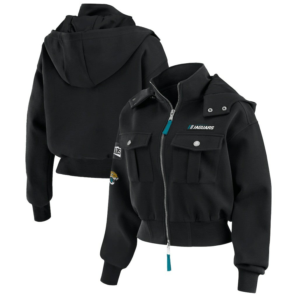 Jacksonville Jaguars WEAR by Erin Andrews Women's Tri-Blend Patch Pocket Cropped Full-Zip Bomber Hoodie Jacket - Black Hoodies