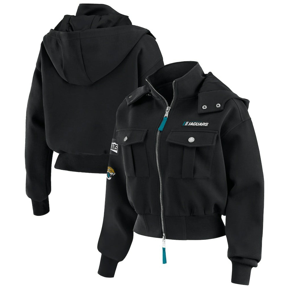 Jacksonville Jaguars WEAR by Erin Andrews Women's Tri-Blend Patch Pocket Cropped Full-Zip Bomber Hoodie Jacket - Black Hoodies