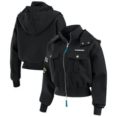 Jacksonville Jaguars WEAR by Erin Andrews Women's Tri-Blend Patch Pocket Cropped Full-Zip Bomber Hoodie Jacket - Black Hoodies