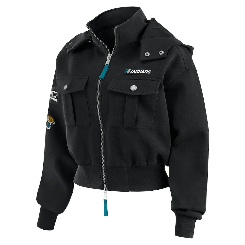 Jacksonville Jaguars WEAR by Erin Andrews Women's Tri-Blend Patch Pocket Cropped Full-Zip Bomber Hoodie Jacket - Black Hoodies