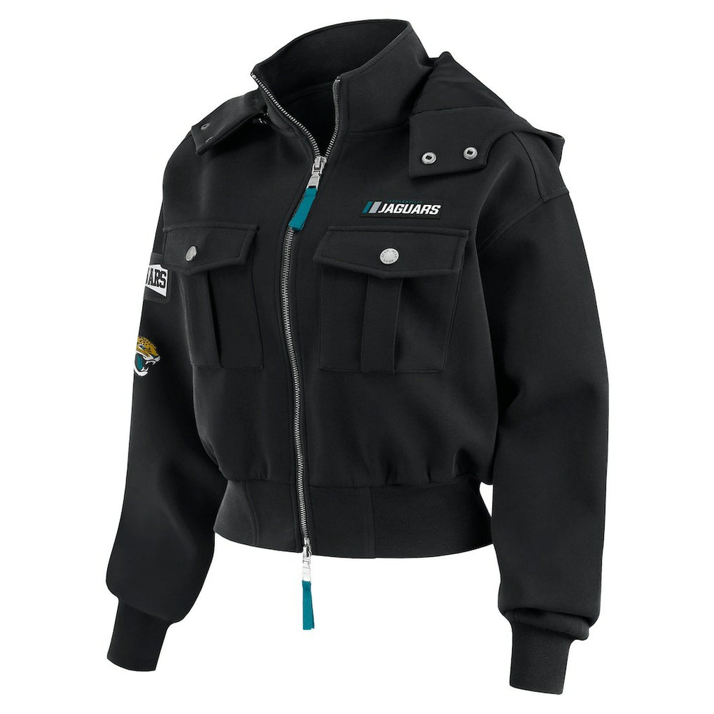 Jacksonville Jaguars WEAR by Erin Andrews Women's Tri-Blend Patch Pocket Cropped Full-Zip Bomber Hoodie Jacket - Black Hoodies