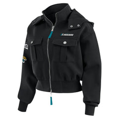 Jacksonville Jaguars WEAR by Erin Andrews Women's Tri-Blend Patch Pocket Cropped Full-Zip Bomber Hoodie Jacket - Black Hoodies