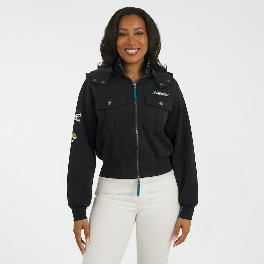 Jacksonville Jaguars WEAR by Erin Andrews Women's Tri-Blend Patch Pocket Cropped Full-Zip Bomber Hoodie Jacket - Black Hoodies