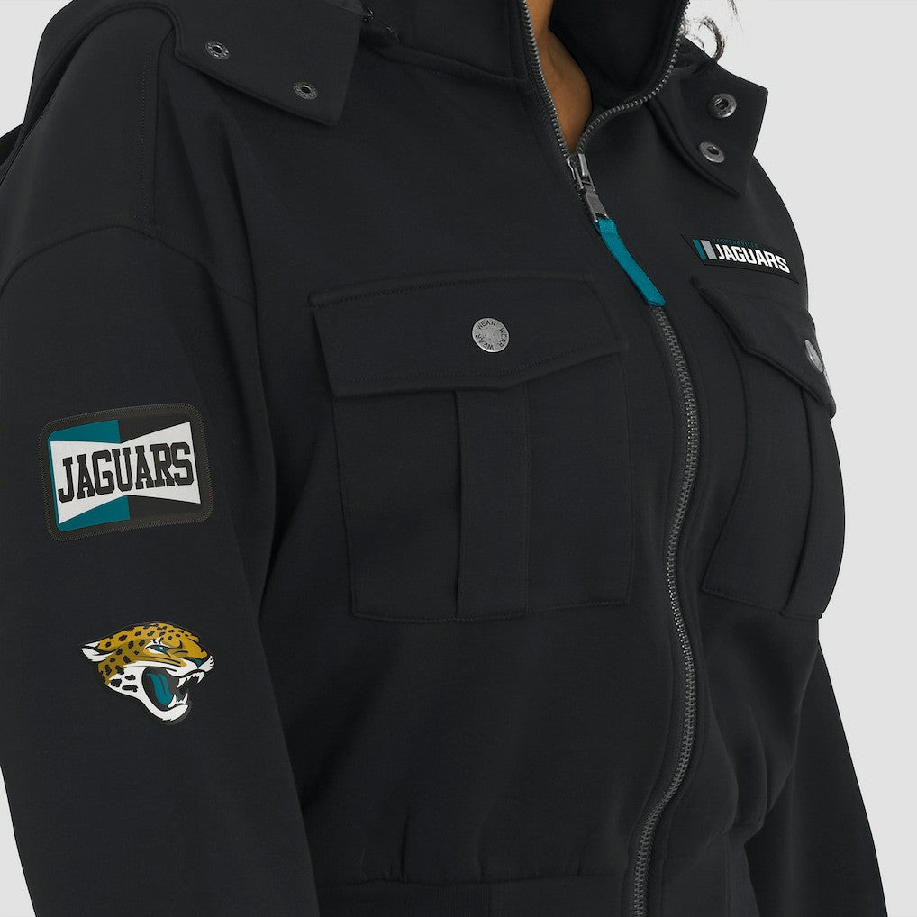Jacksonville Jaguars WEAR by Erin Andrews Women's Tri-Blend Patch Pocket Cropped Full-Zip Bomber Hoodie Jacket - Black Hoodies