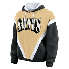 New Orleans Saints WEAR by Erin Andrews Women's Retro Crinkle Full-Zip Hoodie Windbreaker - Gold/Black Hoodies
