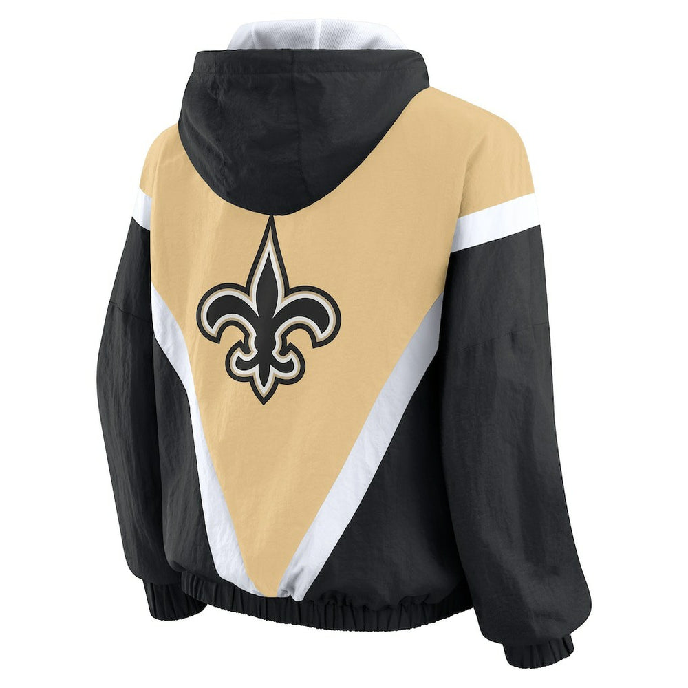 New Orleans Saints WEAR by Erin Andrews Women's Retro Crinkle Full-Zip Hoodie Windbreaker - Gold/Black Hoodies