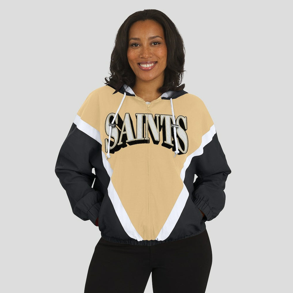 New Orleans Saints WEAR by Erin Andrews Women's Retro Crinkle Full-Zip Hoodie Windbreaker - Gold/Black Hoodies