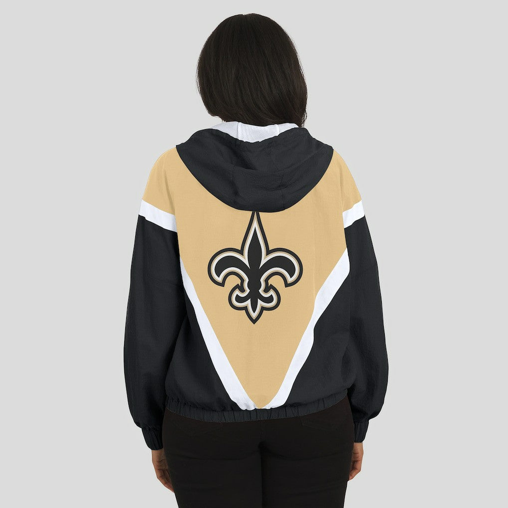 New Orleans Saints WEAR by Erin Andrews Women's Retro Crinkle Full-Zip Hoodie Windbreaker - Gold/Black Hoodies