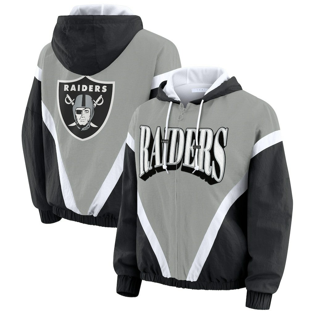 Las Vegas Raiders WEAR by Erin Andrews Women's Retro Crinkle Full-Zip Hoodie Windbreaker - Black/Silver Hoodies