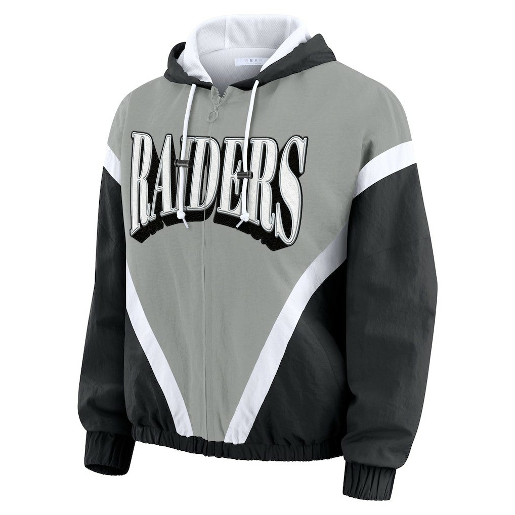 Las Vegas Raiders WEAR by Erin Andrews Women's Retro Crinkle Full-Zip Hoodie Windbreaker - Black/Silver Hoodies