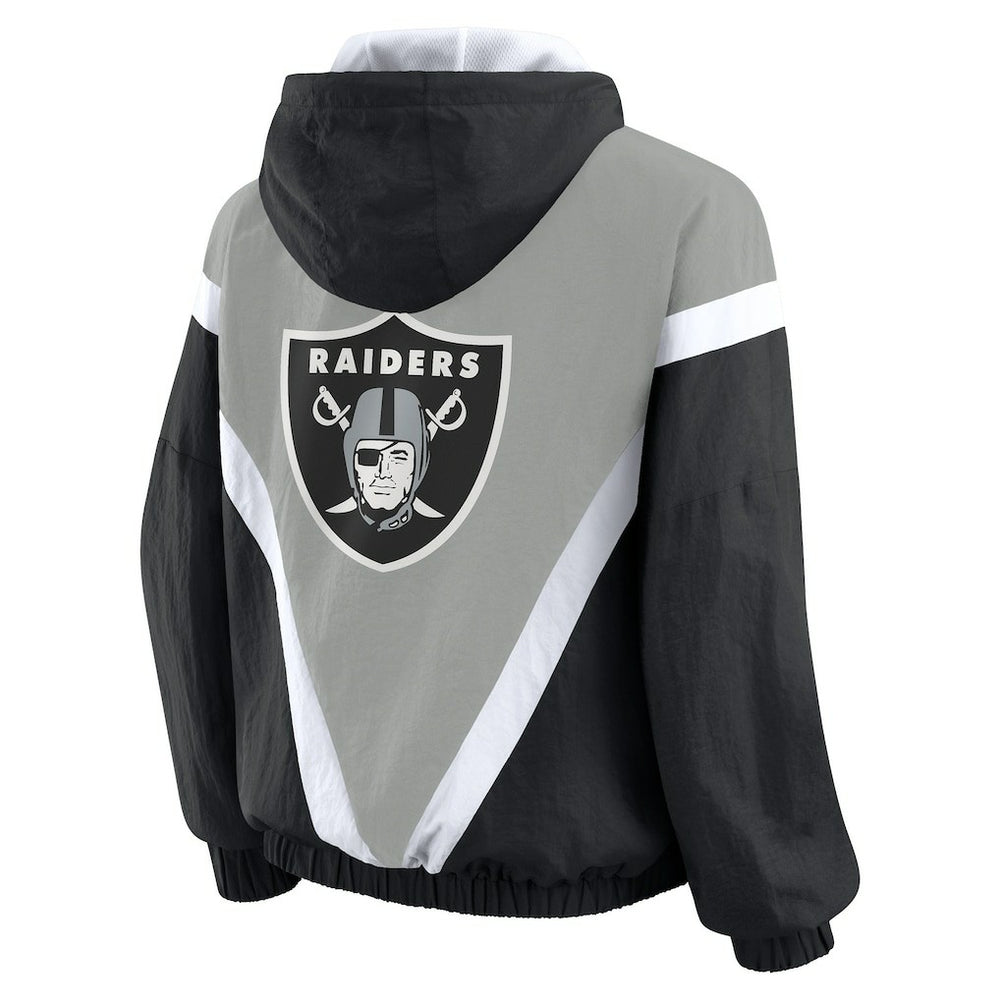 Las Vegas Raiders WEAR by Erin Andrews Women's Retro Crinkle Full-Zip Hoodie Windbreaker - Black/Silver Hoodies