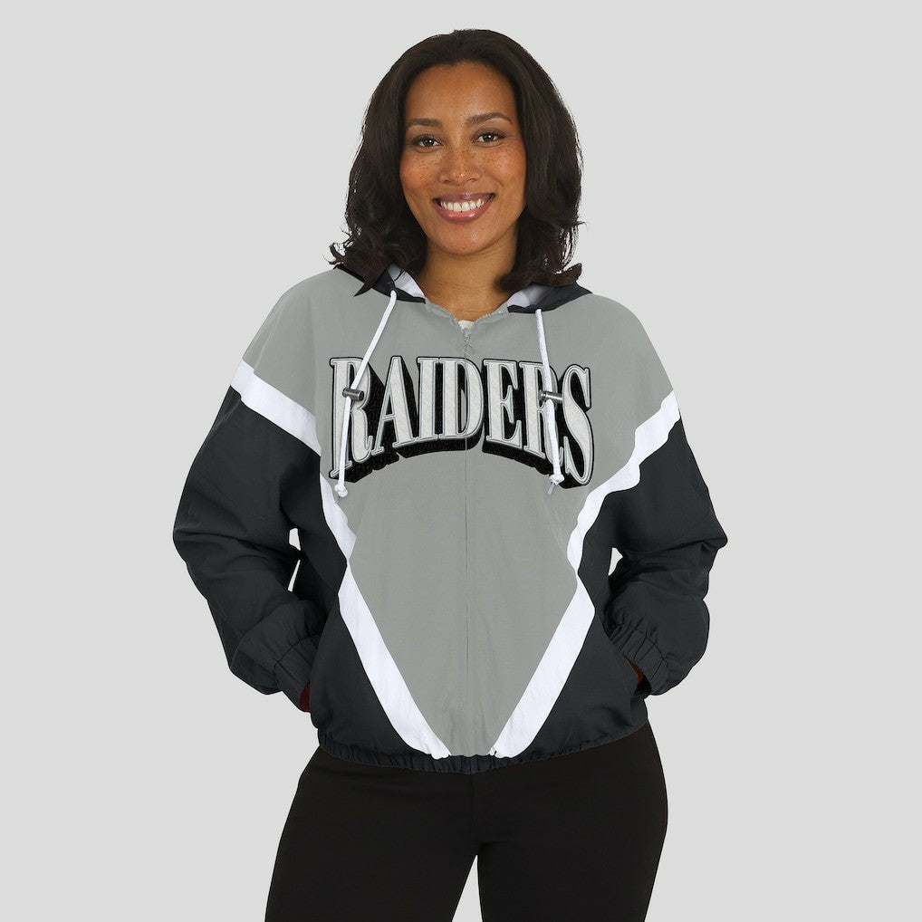 Las Vegas Raiders WEAR by Erin Andrews Women's Retro Crinkle Full-Zip Hoodie Windbreaker - Black/Silver Hoodies