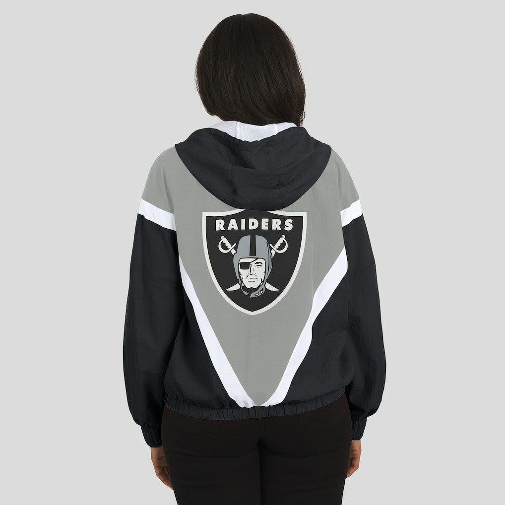 Las Vegas Raiders WEAR by Erin Andrews Women's Retro Crinkle Full-Zip Hoodie Windbreaker - Black/Silver Hoodies