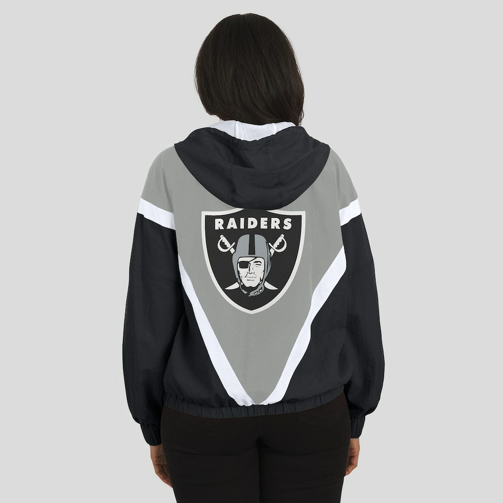 Las Vegas Raiders WEAR by Erin Andrews Women's Retro Crinkle Full-Zip Hoodie Windbreaker - Black/Silver Hoodies
