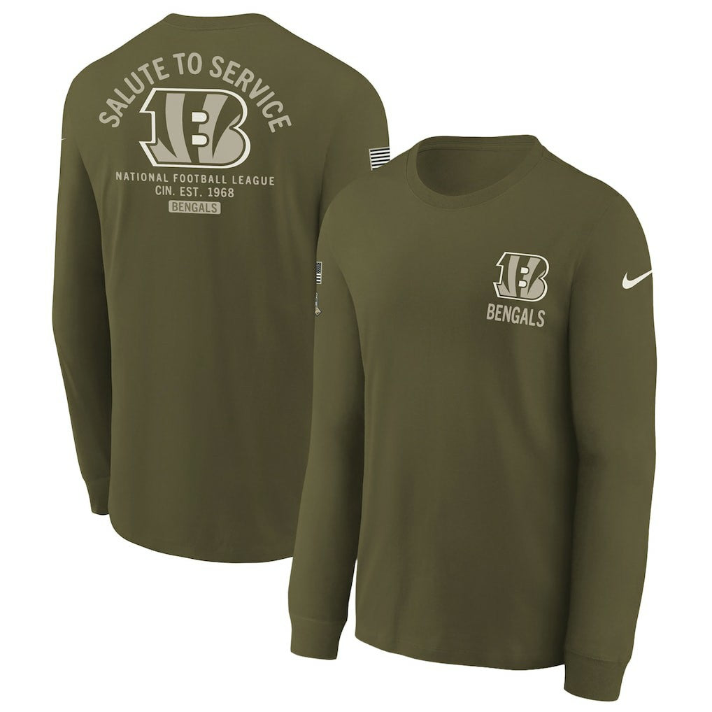 Cincinnati Bengals Youth 2025 Salute to Service Sideline Long Sleeve T-Shirt - Olive T-shirts