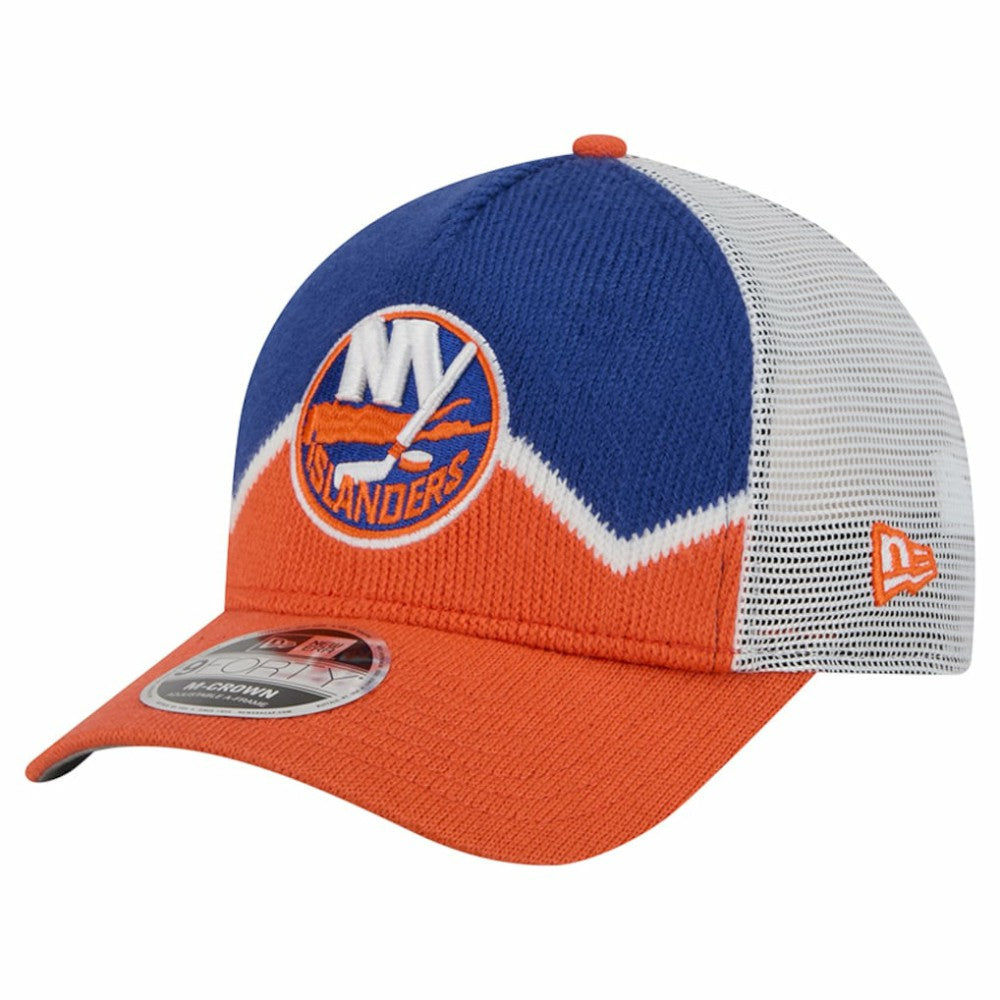 New York Islanders New Era Hockey Sock 9FORTY A-Frame M-Crown Adjustable Trucker Hat - Orange/Royal | US 202715535