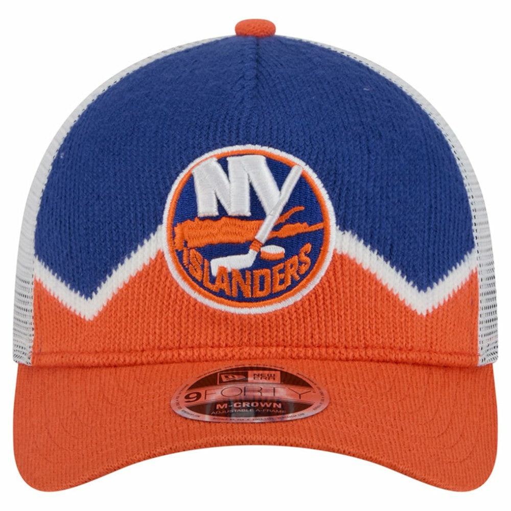 New York Islanders New Era Hockey Sock 9FORTY A-Frame M-Crown Adjustable Trucker Hat - Orange/Royal | US 202715535