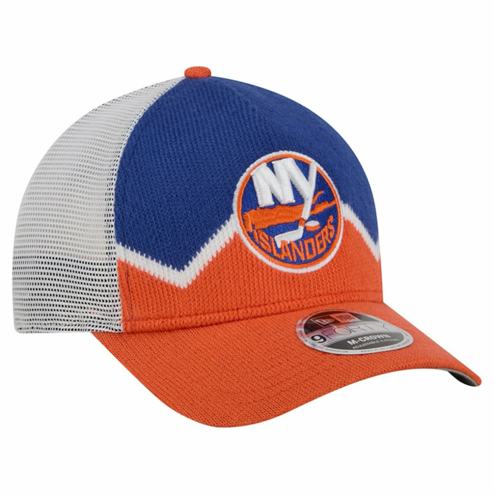New York Islanders New Era Hockey Sock 9FORTY A-Frame M-Crown Adjustable Trucker Hat - Orange/Royal | US 202715535
