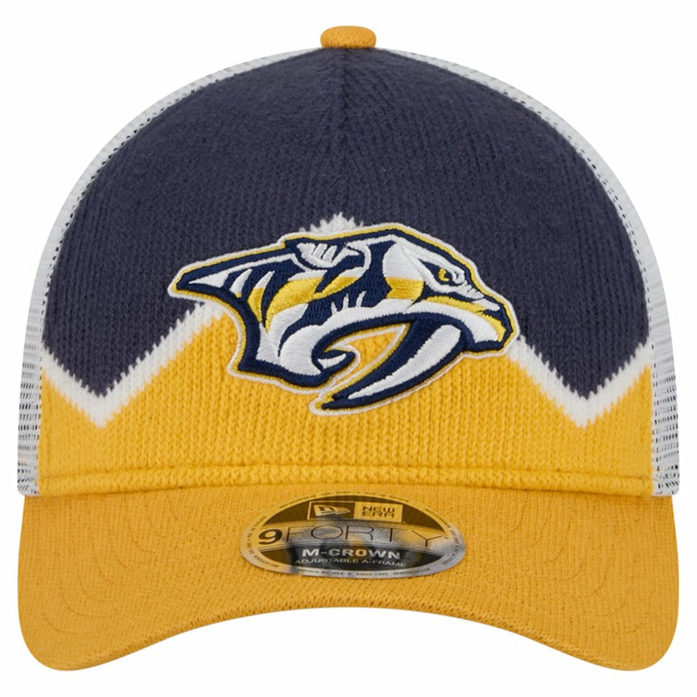 Nashville Predators New Era Hockey Sock 9FORTY A-Frame M-Crown Adjustable Trucker Hat - Gold/Navy | US 202715536
