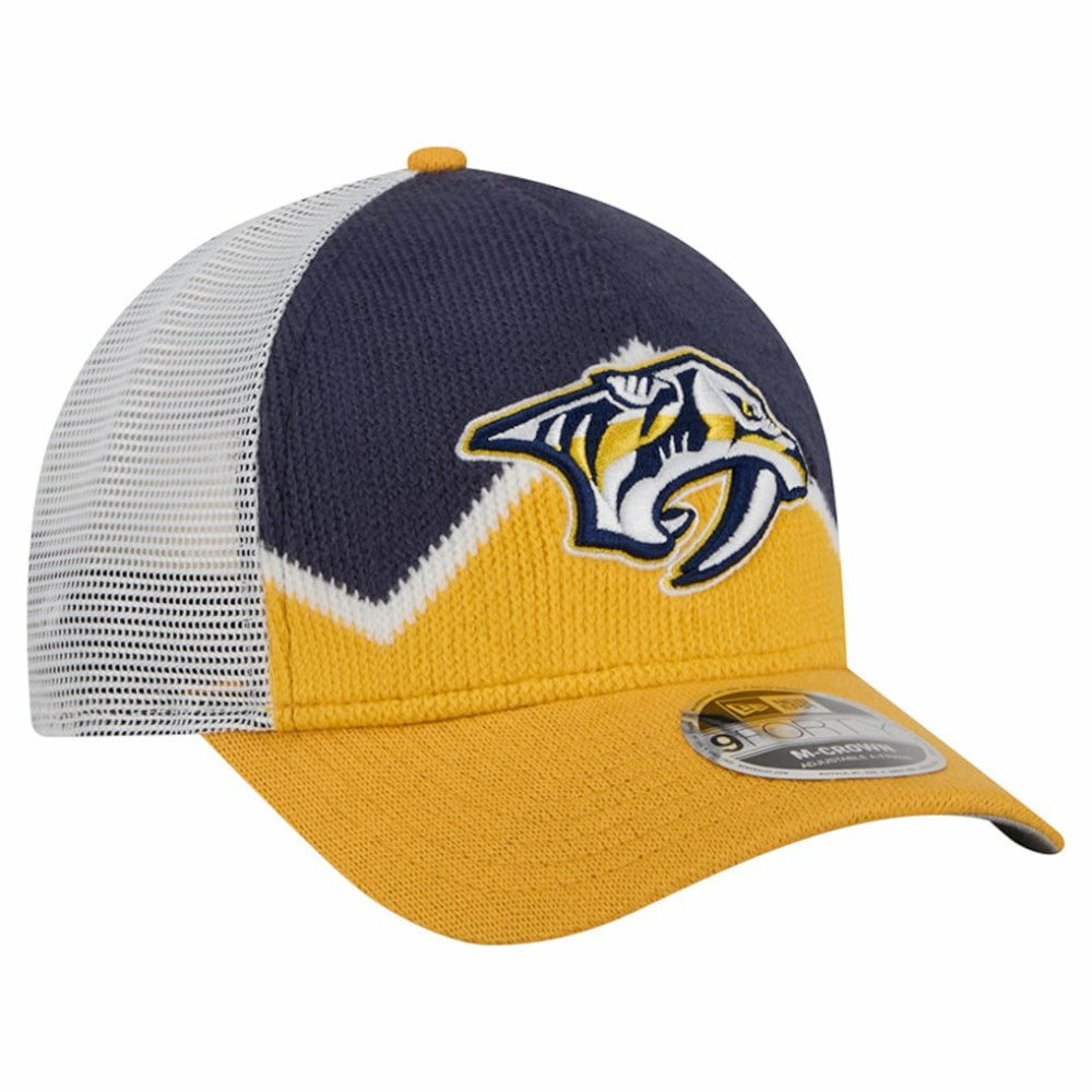 Nashville Predators New Era Hockey Sock 9FORTY A-Frame M-Crown Adjustable Trucker Hat - Gold/Navy | US 202715536