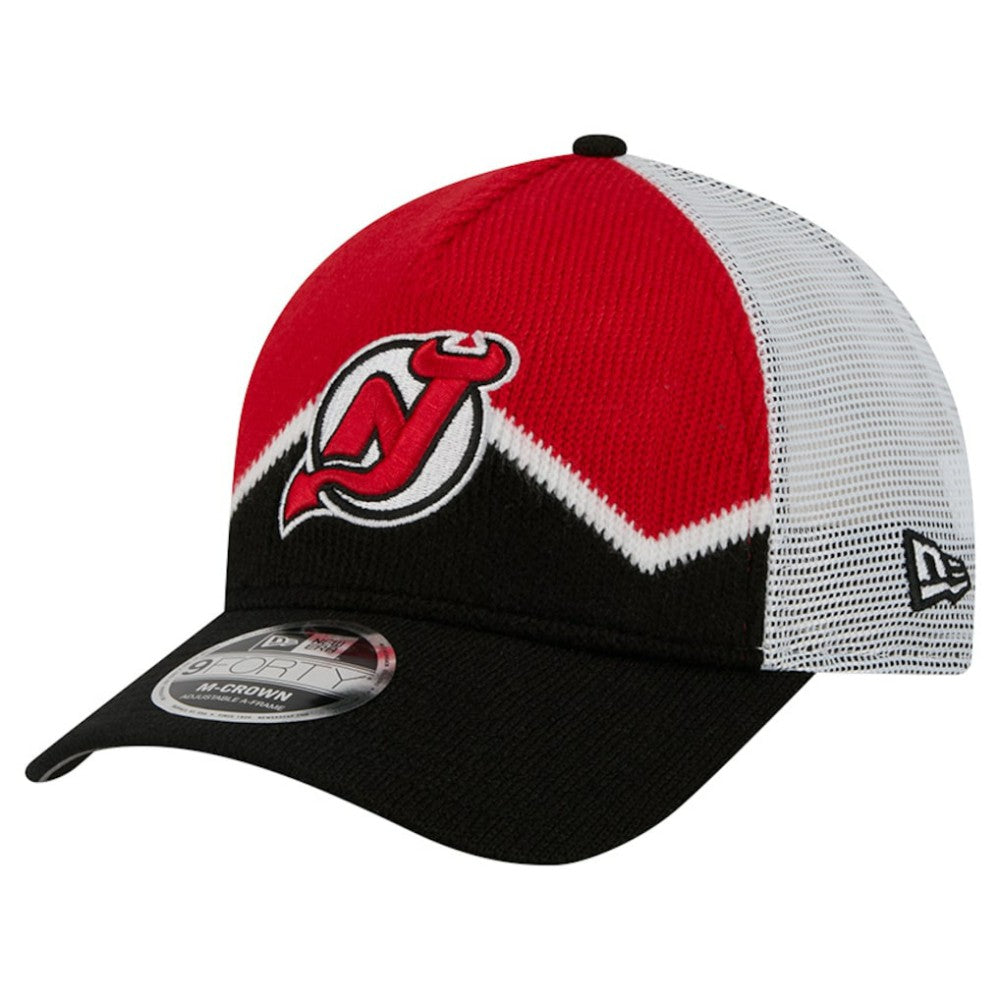 New Jersey Devils New Era Hockey Sock 9FORTY A-Frame M-Crown Adjustable Trucker Hat - Black/Red | US 202715537
