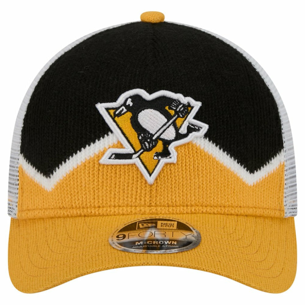 Pittsburgh Penguins New Era Hockey Sock 9FORTY A-Frame M-Crown Adjustable Trucker Hat - Gold/Black | US 202715542