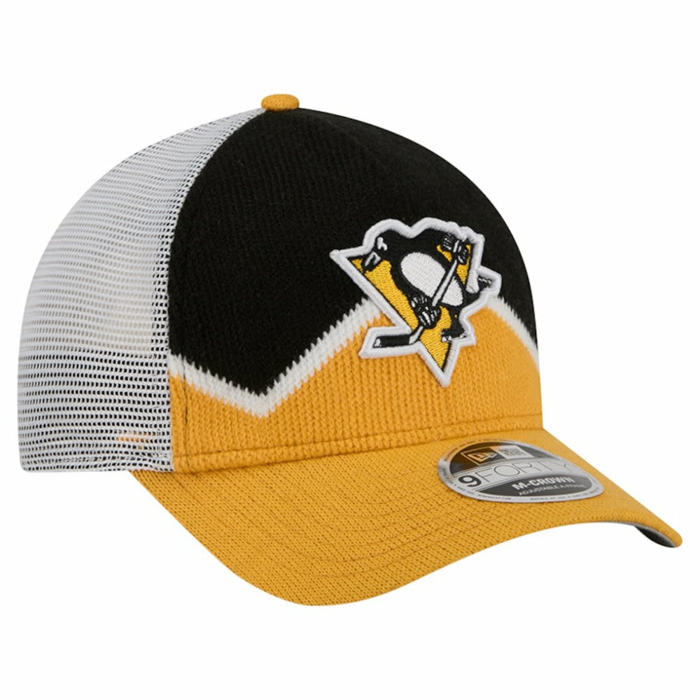 Pittsburgh Penguins New Era Hockey Sock 9FORTY A-Frame M-Crown Adjustable Trucker Hat - Gold/Black | US 202715542