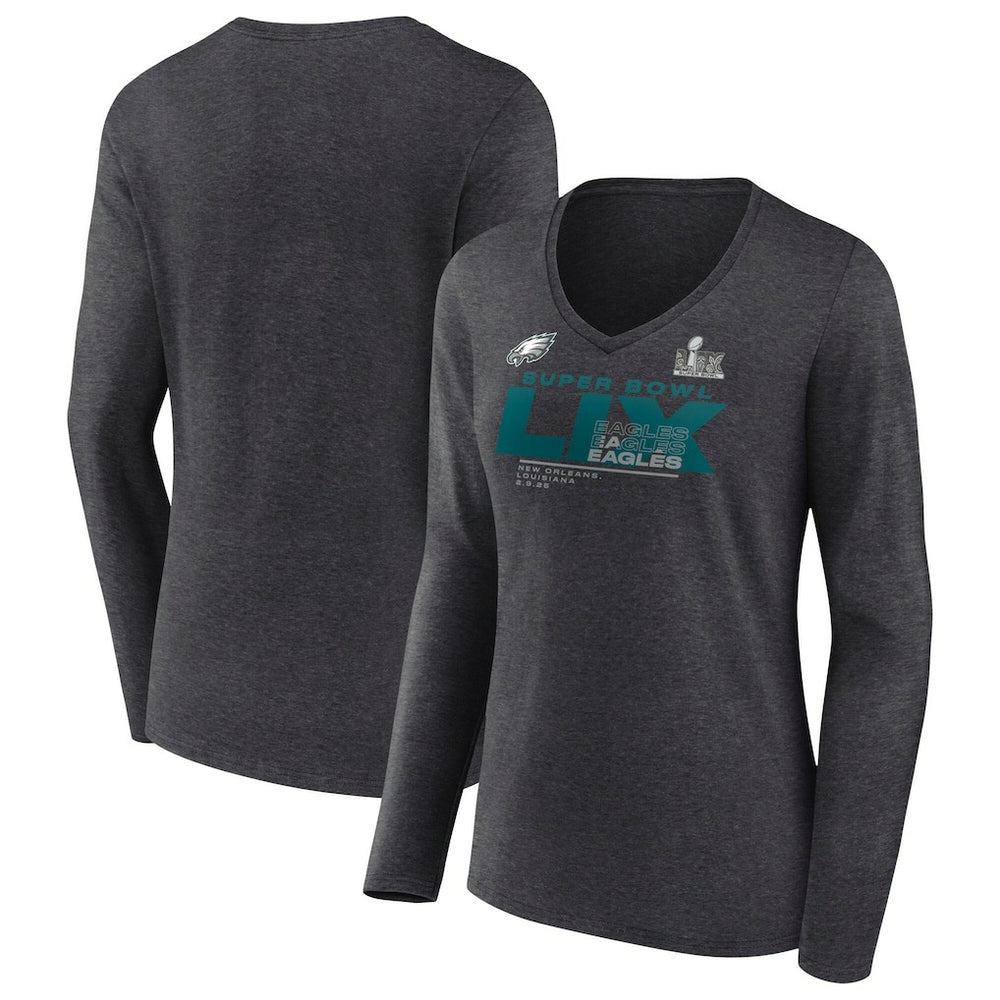 Philadelphia Eagles Women's Super Bowl LIX Quick Pass Long Sleeve V-Neck T-Shirt - Heather Charcoal T-shirts