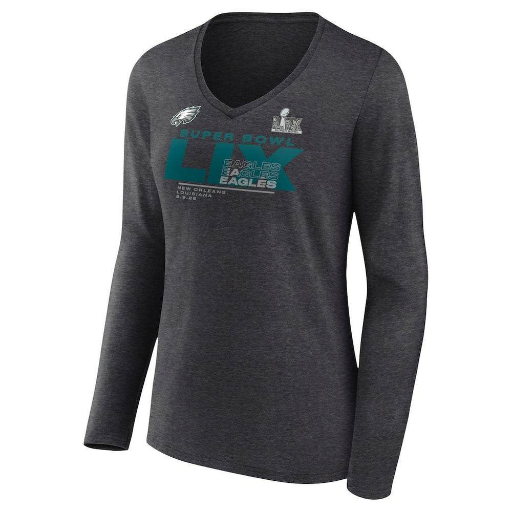 Philadelphia Eagles Women's Super Bowl LIX Quick Pass Long Sleeve V-Neck T-Shirt - Heather Charcoal T-shirts