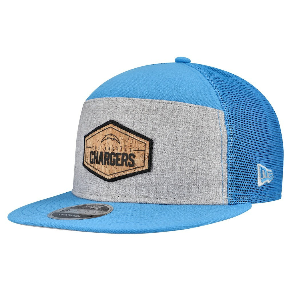 Los Angeles Chargers New Era Cork Split Panel 9FIFTY Trucker Snapback Hat - Gray/Powder Blue Hats