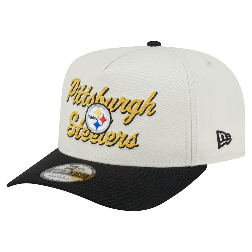 Pittsburgh Steelers New Era Chainstitch A-Frame 9FIFTY Adjustable Hat - Cream/Black Hats