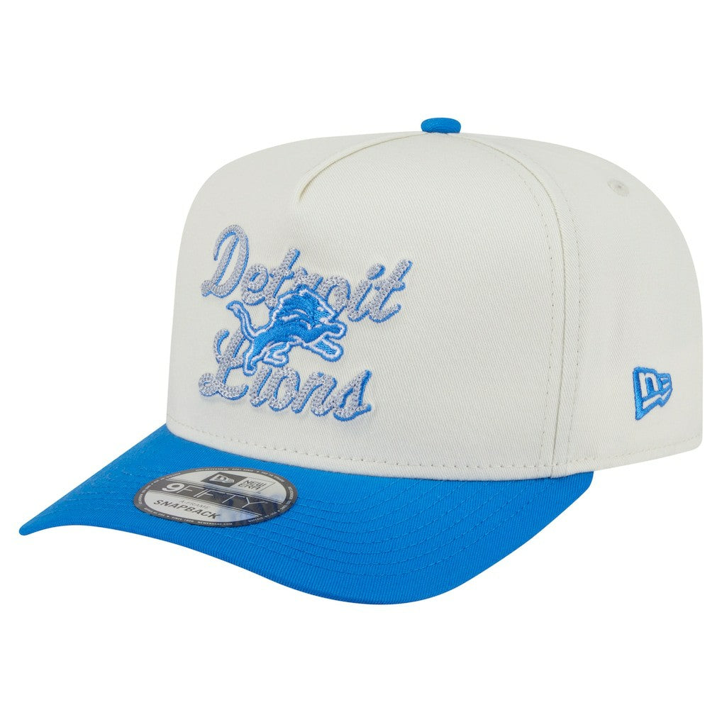 Detroit Lions New Era Chainstitch A-Frame 9FIFTY Adjustable Hat - Cream/Blue Hats
