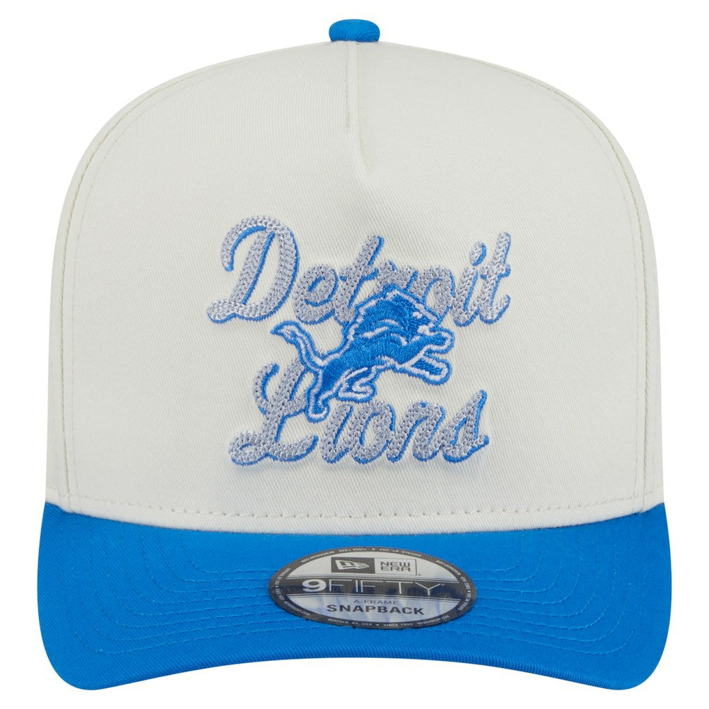 Detroit Lions New Era Chainstitch A-Frame 9FIFTY Adjustable Hat - Cream/Blue Hats
