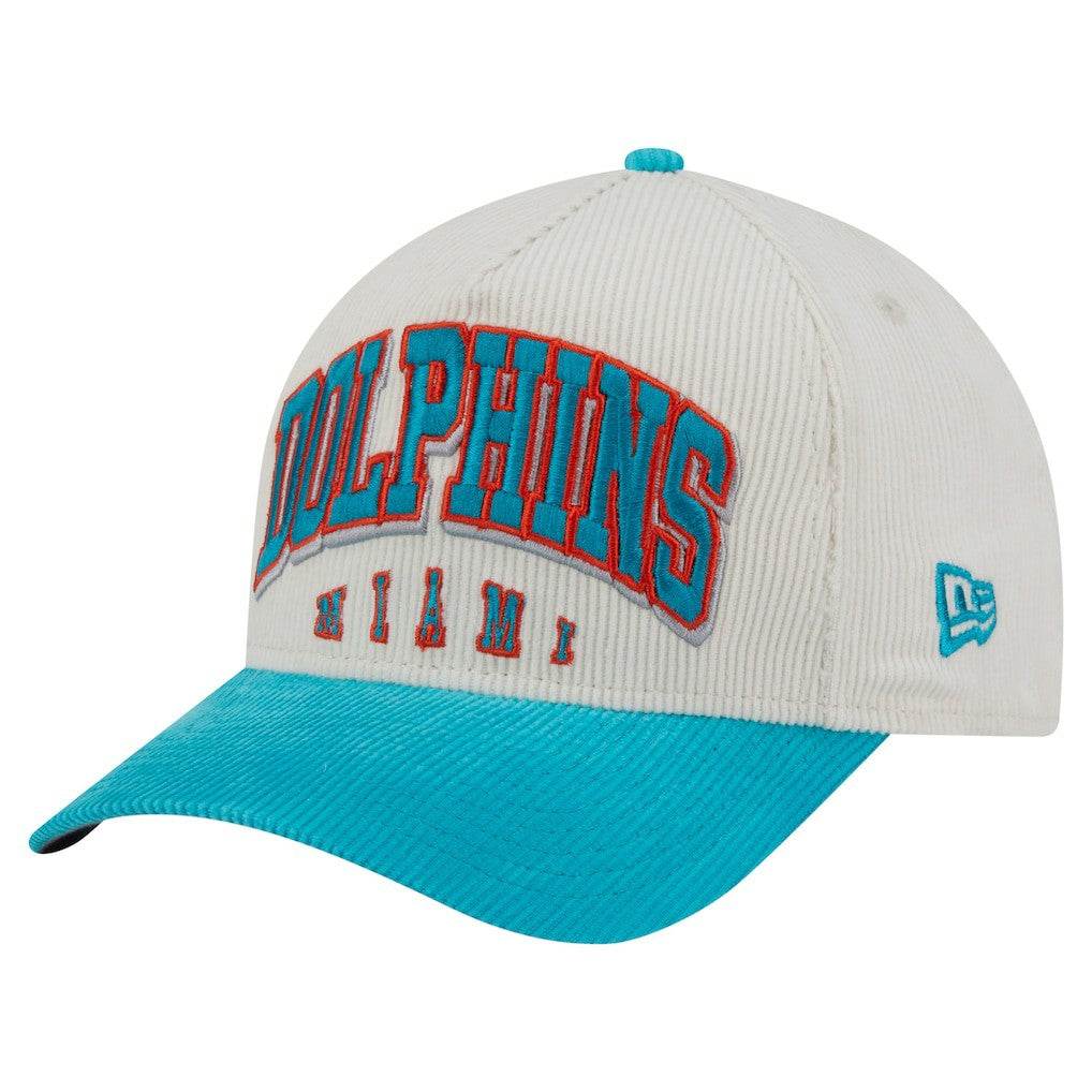 Miami Dolphins New Era Throwback Two-Tone Sided Corduroy 9FORTY A-Frame Adjustable Hat - Cream/Aqua Hats