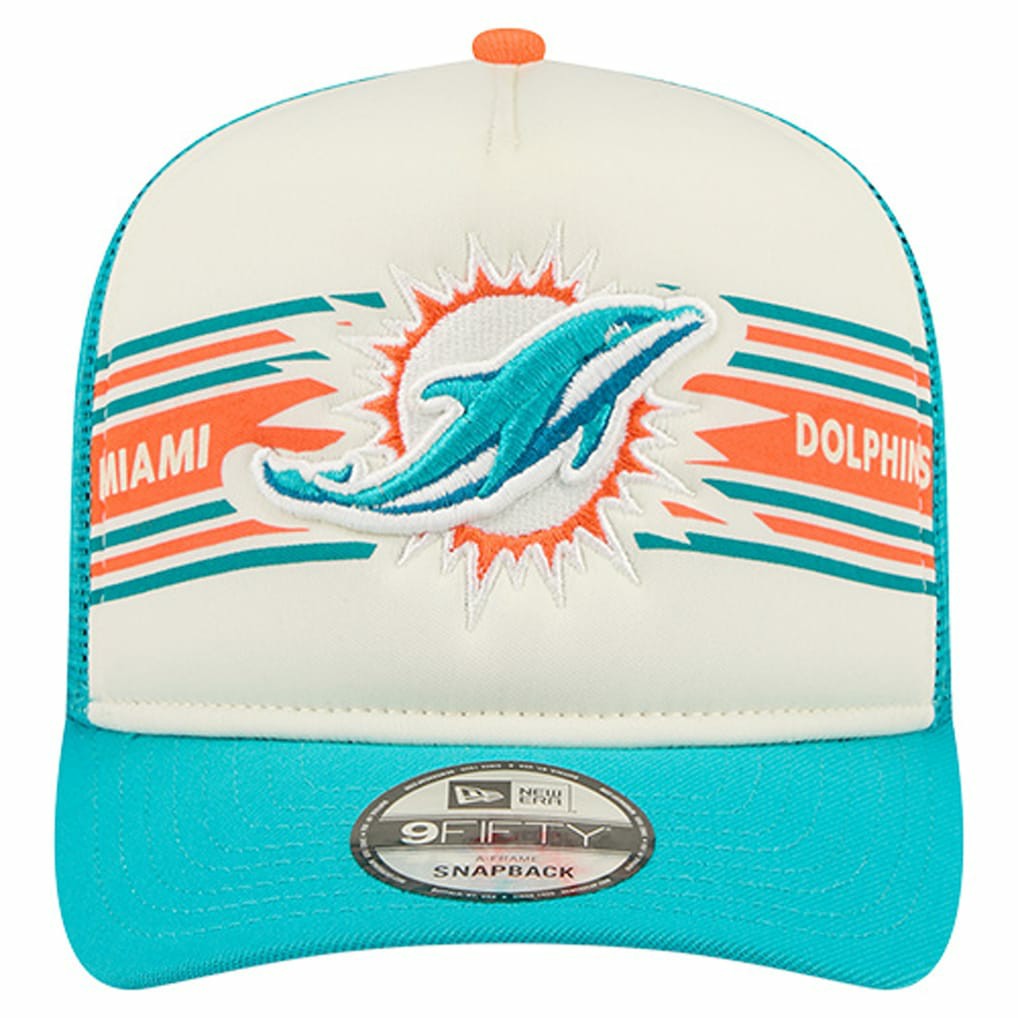 Miami Dolphins New Era Banner A-Frame 9FIFTY Trucker Snapback Hat - Cream/Aqua Hats
