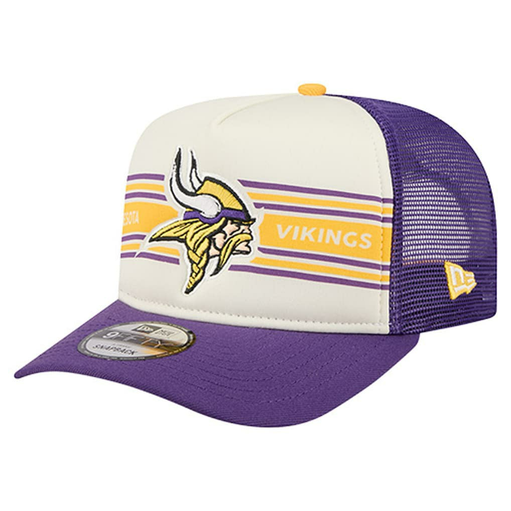 Minnesota Vikings New Era Banner A-Frame 9FIFTY Trucker Snapback Hat - Cream/Purple Hats